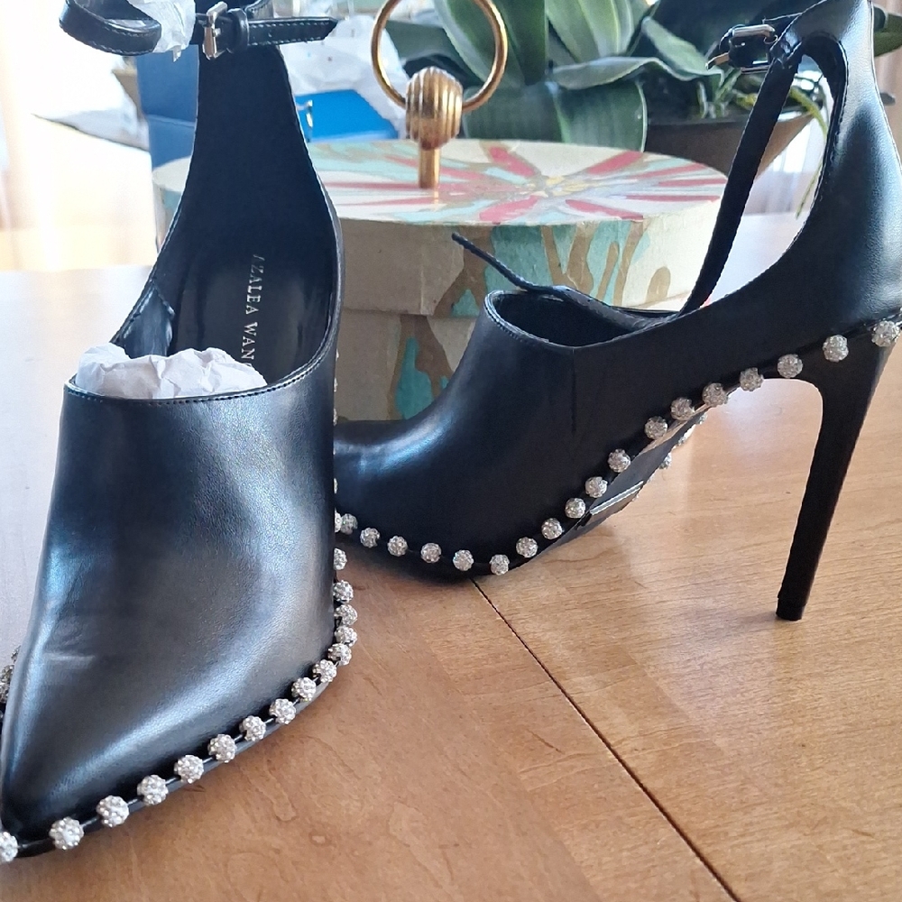 Amina Muaddi Black Heels with Crystal Accents